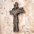 Rustic Wood-Look Resin Wall Cross with Barbed Wire & Nail Heart Accents – 11 ½” Christian Farmhouse Wall Décor, Inspirational Religious Gift (Rustic Brown)