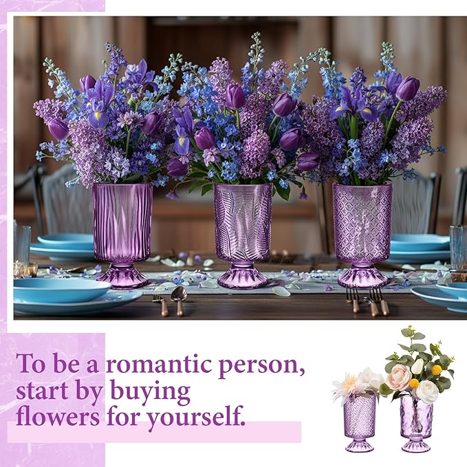 6 Pcs (H:7" W:4") Embossed Flower Vase Pedestal Glass Vase Big Base Thickened Crystal Vintage Vases for Valentines Day Wedding Home Decor Table Centerpiece House Warming Gifts(Purple)
