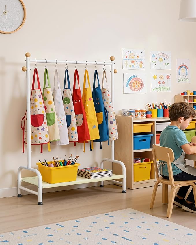 Clothes Rack - Sturdy Metal Kids Clothing Rack with Bottom Storage Shelf & Adjustable Feet, Dress Up Storage for Toddler's Bedrooms, Nurseries, Playrooms, 31" x 12.5" x 47.8", White