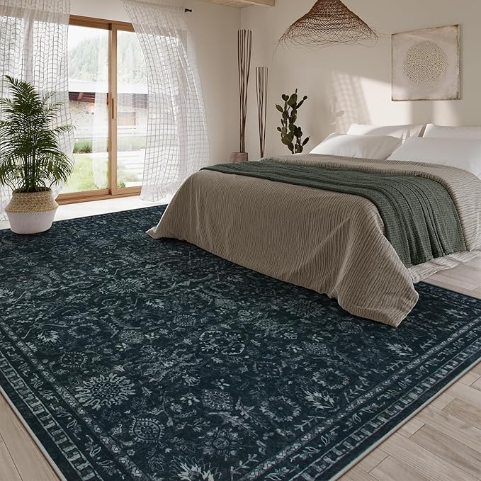 Lahome Washable 9x12 Area Rugs for Living Room,Black Boho Rugs for Bedroom,Dark Lurxry Non Shedding Carpet for Dining Room Apartment Dorm Office Aesthetic Decor