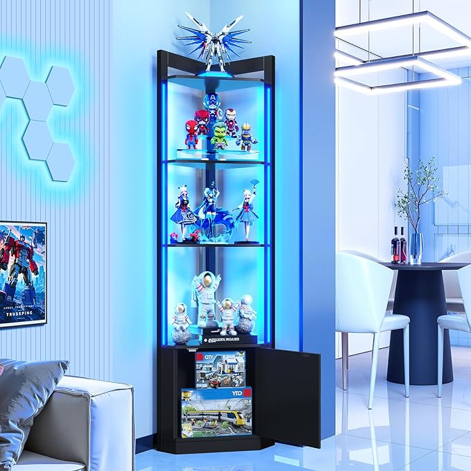 5-Tier Corner Shelf with RGB LED Light, 65" Tall Display Cabinet with Storage, Remote & APP Control, Adjustable Brightness/Color Temp, Floor Lamp with Shelves for Living Room Bedroom (Black)