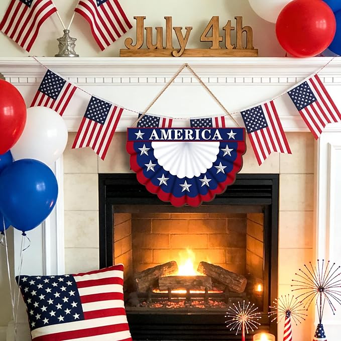 4th of July Wreath Patriotic Decorations Patriotic Wreaths for Front Door Hanging Sign Wooden 4th of July Decorations for Front Door Decorations Memorial Day Fourth of July Porch Wall Home Decor