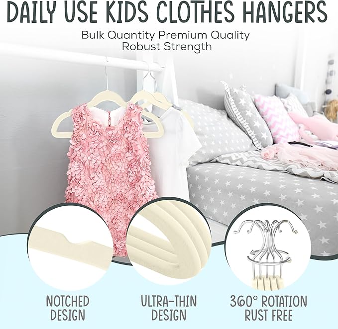 50 Premium Kids Velvet Hangers - 14" Non-Slip Clothes Hangers for Kids & Preteens - Ultra Slim, Space-Saving, Strong & Durable Hangers with 360° Swivel Hook - Ivory