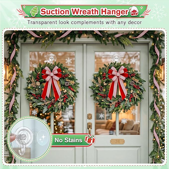 VIS'V Wreath Hanger, Large Suction Cup Wreath Hooks, Heavy Duty, 22 LB Capacity, Removable and Reusable, Clear, 8 Pcs