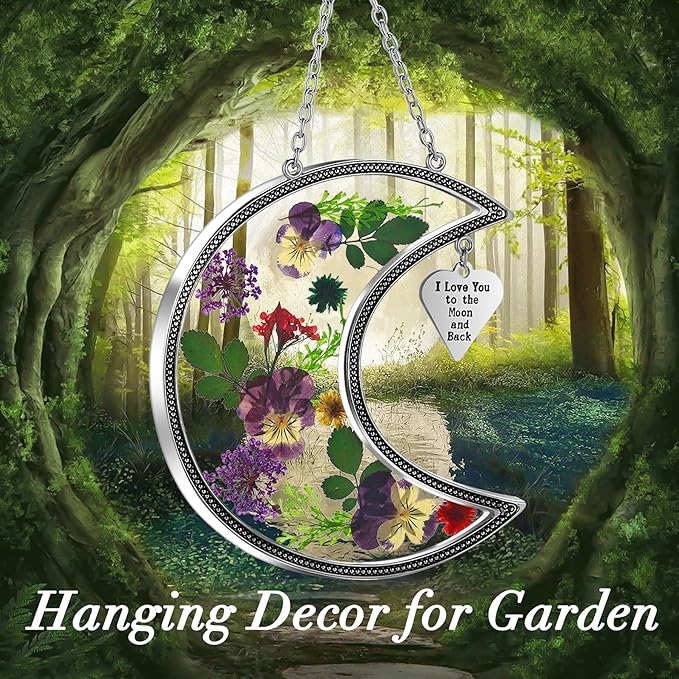 KY&BOSAM Moon Suncatcher Stained Glass for Window Hangings Wind Chime Decor with Pressed Real Flower and Metal I Love You to The Moon and Back Charm Birthday Gift for Women Mom Mother`s Day Christmas