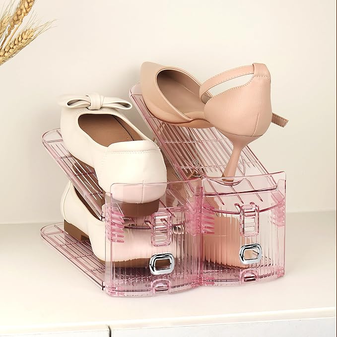 Yes!Fresh Shoe Slot Organizer, Boutique Display Style Shoe Stacker for A Pair of Shoes, Separable Shoe Rack for Closet Organization, 3 Adjustable Narrow Shoe Rack (Pink, 8 Pack)