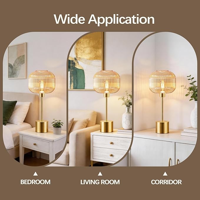 QiMH Glass Table Lamp for Living Room, Modern Bedside Lamp with Champagne Ribbed Glass Shade, 3-Way Dimmable Touch Control Nightstand Lamp for Bedroom, Brushed Gold (2700K LED Bulb Included)