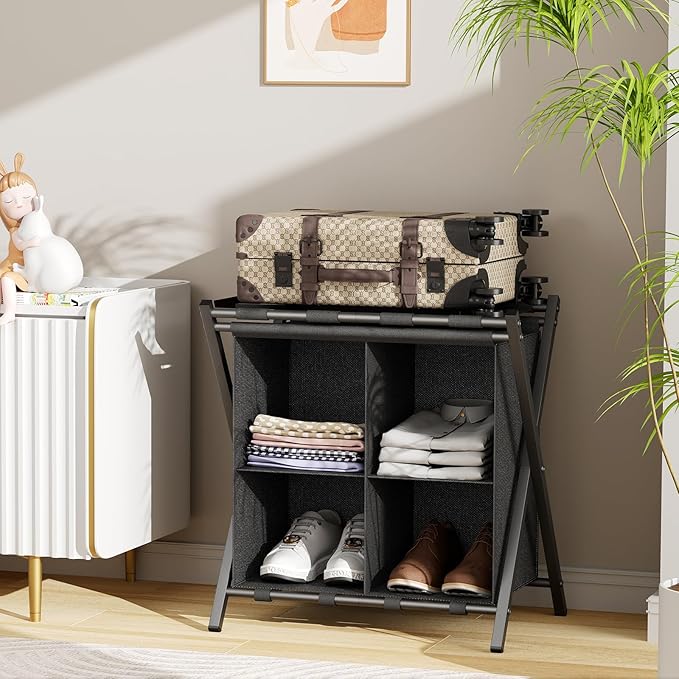 Luggage Rack for Guest Room, Set of 2, Folding Suitcase Stand with Fabric Storage Shelf, Luggage Holder, Steel Foldable Luggage Stand for Guest Room, Bedroom, Hotel, Black