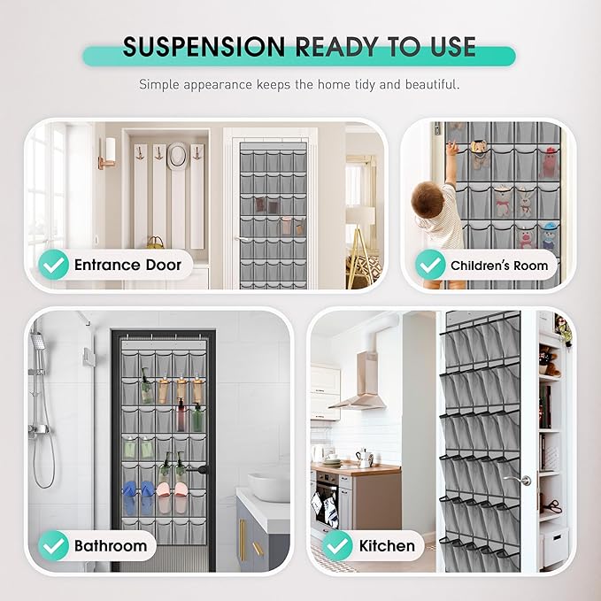WVM Over the Door Shoe Organizer with 35 Breathable Mesh Pockets, Hanging Shoe Organizer for Door with 4 Metal Hooks, Large Capacity Closet Storage for Shoes, Accessories, Grey