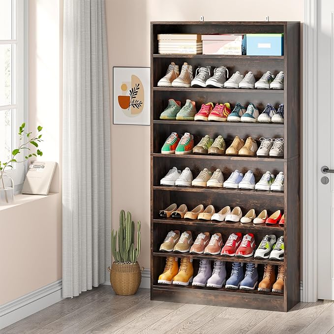 Tribesigns Tall Shoe Cabinet, 9 Tiers 40-45 Pairs Heavy Duty Wood Freestanding Shoe Storage Cabinet, 70.8'' Tall Shoe Cabinet with Open Storage for Entryway (1, Rustic Brown)