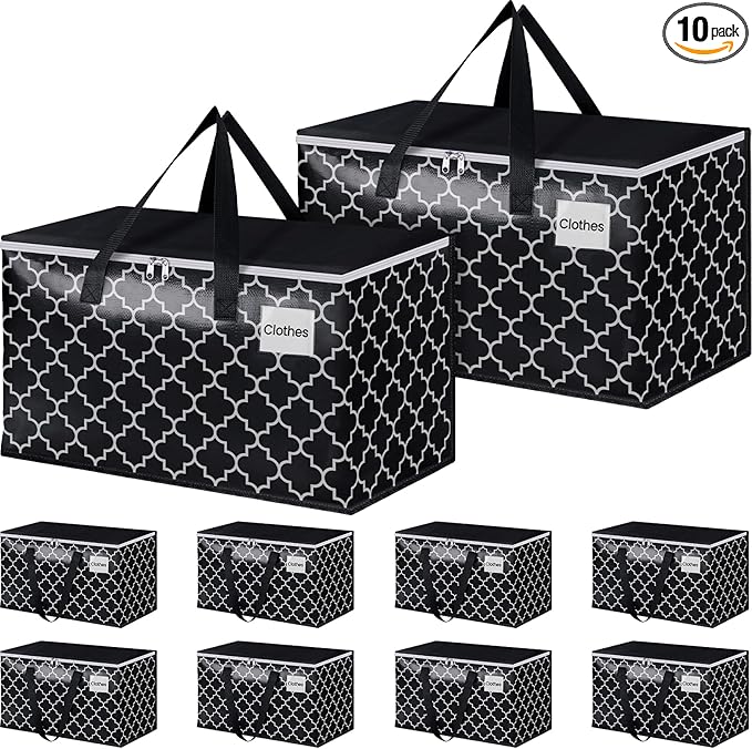HomeHacks Heavy Duty Moving Bags with Tag Pockets, Collapsible Storage Totes for Moving, Camping & Travel -Foldable Packing Boxes, Zipper Handles, Black（10 Packs, 88L）