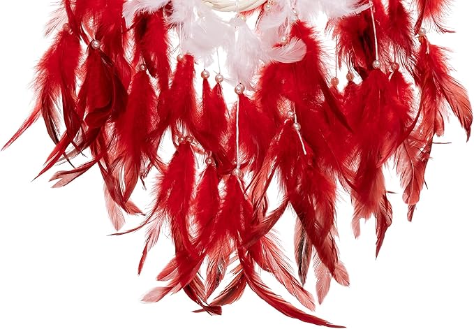 Large Rattan Dream Catchers - Deep Red Rooster Feather with Luxury Pearl, Multiring, Handmade Dreamcatcher for Bedroom, Dream Catcher for Girls, Dream Catchers for Boys, Dream Catcher Wall Decor