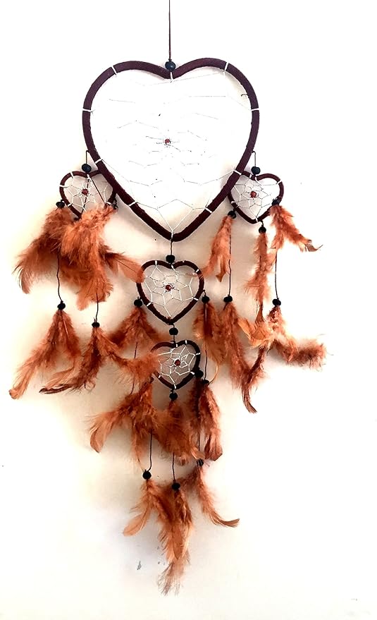 OMA Dream Catcher - Hand Made Brown Feather Dream Catcher Heart Shaped with Crystal Beads - 7" Diameter & 24" Long - OMA Federal (TM) Brand