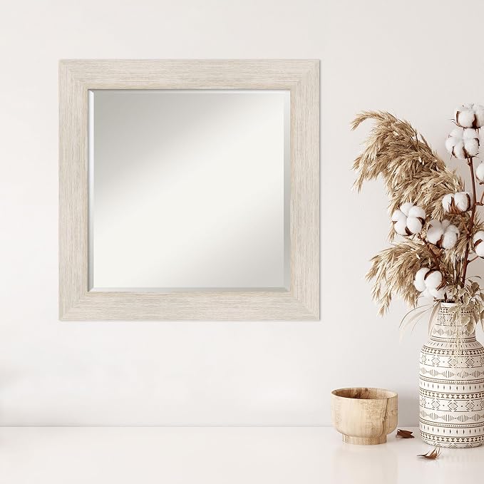 Amanti Art White Wall Mirror 25x25 Hardwood White Wash Square Bathroom Mirror for Wall Decor Living Room, Medium Country Rustic Wood Frame, Hangs Horizonally and Vertically, Bathroom Decor, Beveled