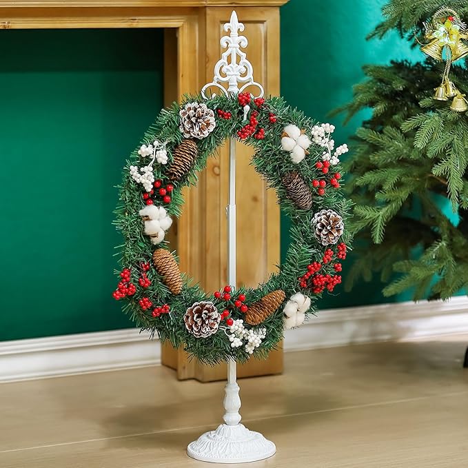 Wreath Stands for Display, White Metal Wreath Holder Stand, Standing Wreath Hanger with Wrought Iron Base, Adjustable Tabletop Display Stand for Christmas and New Year Wreath, Wedding Party Decor