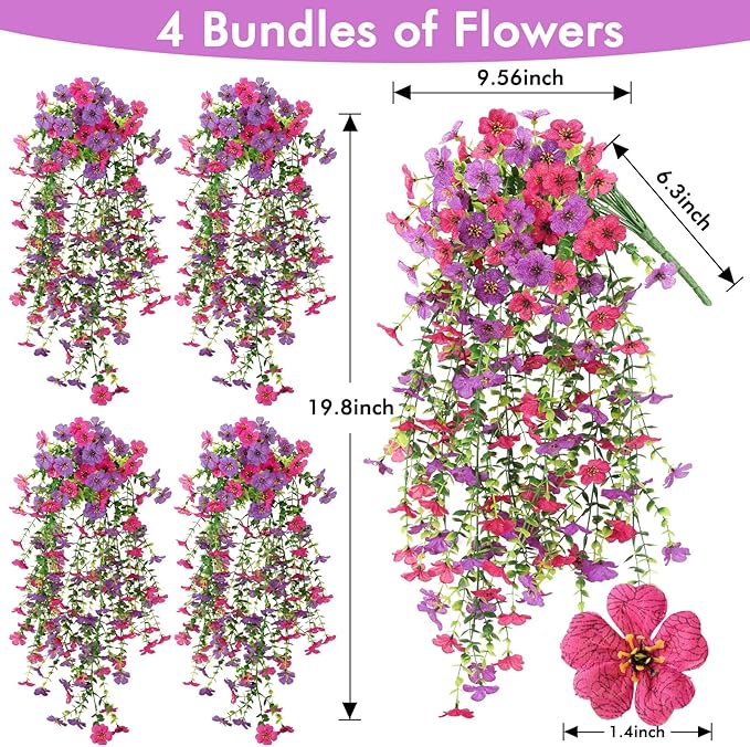 4 Bundles Fake Flowers for Spring Decor, Hanging Artificial Flowers for Outdoors, UV Resistant Spring Floral Stems for Porch, Window and Garden Decoration (4)
