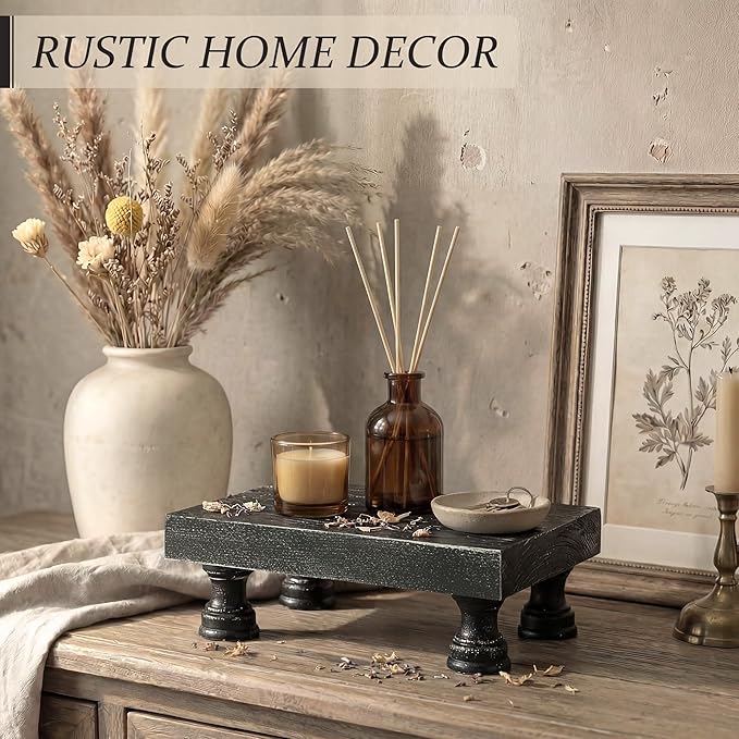 EOSAHR Stylish Rustic Pine Wood Riser Display Stand for Home Decor - Boho Pedestal Stand Can be used as Plant Stand & Cake Stand - Farmhouse Decor Bathroom Accessories Essentials(Old Black)