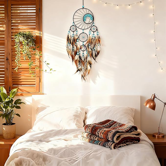 Dream Catchers,Large Dream Catcher for Bedroom Adult,Native American Boho Dreamcatcher Tree of Life Wall Decor with Turquoise Hanging Ornament Teen Dorm Room Decor Festival Gift (Brown)