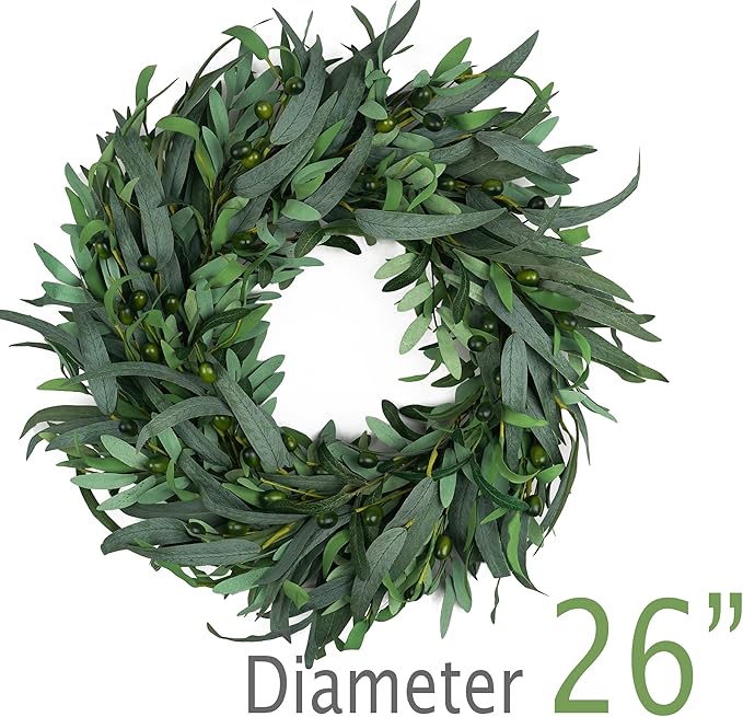 Olive Wreath for Front Door 26 inch, Greenery All Season Wreath with Olive Leaf Fruit, Home Decoration for Outdoor Living Room Indoor Wall and Outside Summer All Season Wedding