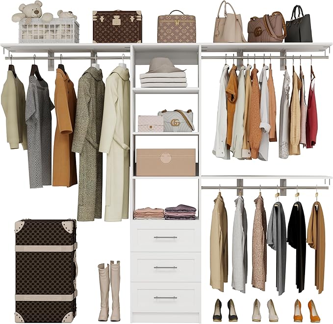 Closet System with Drawers, 5-8FT Closet Organizer Systems with Expandable Hanging Rods, 96" Closet Shelving Systems for Walk in Closets, Heavy Duty Wall Mount Closet Systems-White