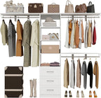 Closet System with Drawers, 5-8FT Closet Organizer Systems with Expandable Hanging Rods, 96" Closet Shelving Systems for Walk in Closets, Heavy Duty Wall Mount Closet Systems-White