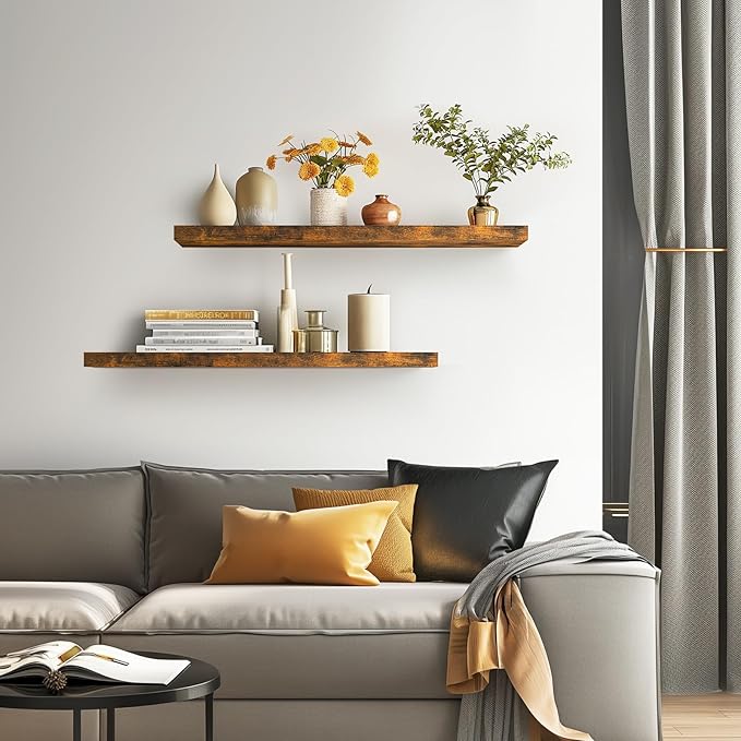 BAYKA Floating Shelves, 36 inches Long Wall Mounted Rustic Wood Shelves for Bathroom, Bedroom, Living Room, Kitchen, Office, Hanging Shelf for Books/Storage/Decor(Rustic Brown,Set of 2)