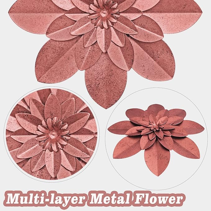 Rose Gold Metal Flower Wall Art Decor, 9.5“ Rustic Modern Floral Sculpture, Distressed Iron Wall Hanging Home Decoration Accent Artworks for Indoor Kitchen Bedroom Living Room Office Outdoor Garden