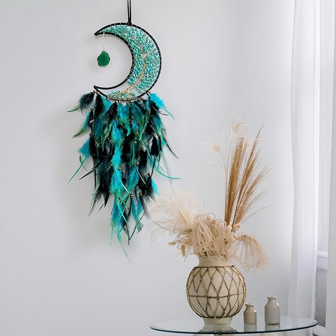 Moon Dream Catchers with Chakra Gemstone Agate Stone, Crystal Tree Life Dream Catchers Wall Hangings Room Decor (Green)