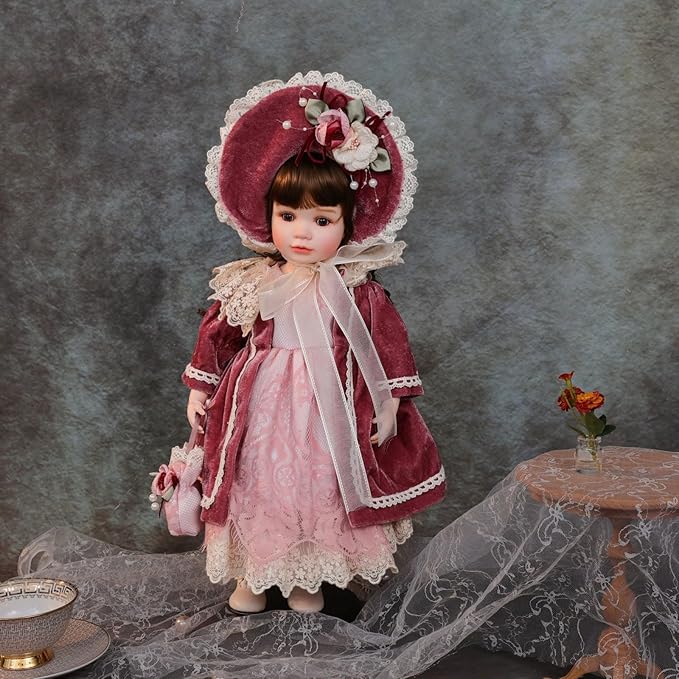 18 Inch Kawaii Porcelain ＆ Fabric Doll Cute European Retro Handmade Ceramic Doll with Showing Stand for Room Decor, Birthday Gifts, Collectible ，Name Olivier (Red)