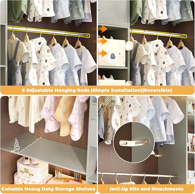 Closet System - 8FT Closet Organizer System with Wooden Drawers, 96" Closet Systems for Walk-In Closets with Cuttable Hanging Shelving, Green