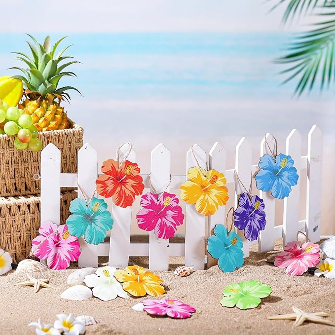 Maitys 36 Pcs Spring Flower Ornaments for Tree Hawaiian Wooden Flower Decorate Wooden Hibiscus Daisy Hanging Decor for Birthday Wedding Baby Shower Themed Summer Holiday Party Decoration(Hibiscus)