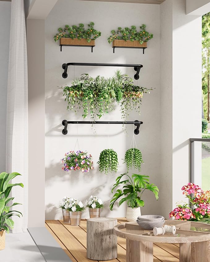 Pipe Clothing Rack - 37.5" Clothing Racks for Hanging Clothes with Dual Flange Base, Multifunctional Wall Mounted Clothes Rack for Bedroom, Entryway, Balcony, Black, 2-Pack