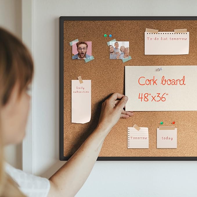 Bulletin Board 48 x 36, Black Aluminium Framed 4x3 Corkboard , Large Wall Mounted Notice Board with 18 Push Pins for School, Home & Office