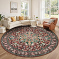 U'Artlines Boho Vintage Round Area Rug 8ft Machine Washable Low Pile Soft Floor Carpet Non Slip Non Shedding Accent Rug for Living Room Bedroom Entryway Dining Room Office Rust＆Teal