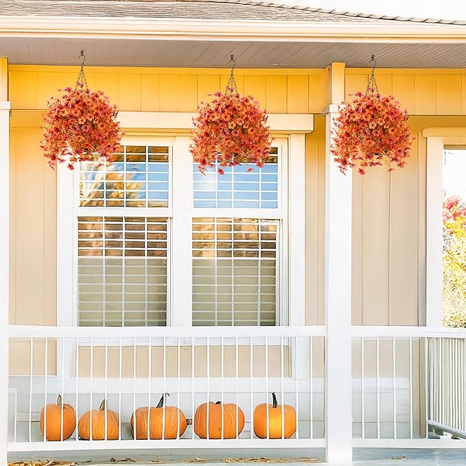 Artificial Fall Flowers for Outdoors, 2PCS Silk Fake Flowers Realistic Daisy Mums UV Resistant Porch Patio Window Yard Decor (Fall Orange)