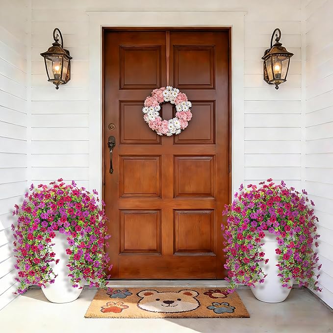 2Pcs Fake Hanging Flowers for Outdoor Decoration Artificial Hanging Flowers Realistic Daisy Plants UV Resistant, Faux Silk Flower for Porch Patio Window Box Outside Decor(Fuchsia Purple)