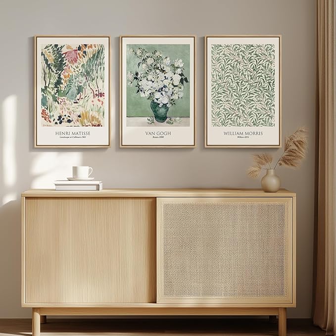 Framed Large Matisse Wall Art for Living Room, 3 Piece Vintage Sage Green Canvas Artwork for Walls, Botanical Floral Prints for Bedroom, Hallway, Home Office Decor, Total Size 30x60 Inches