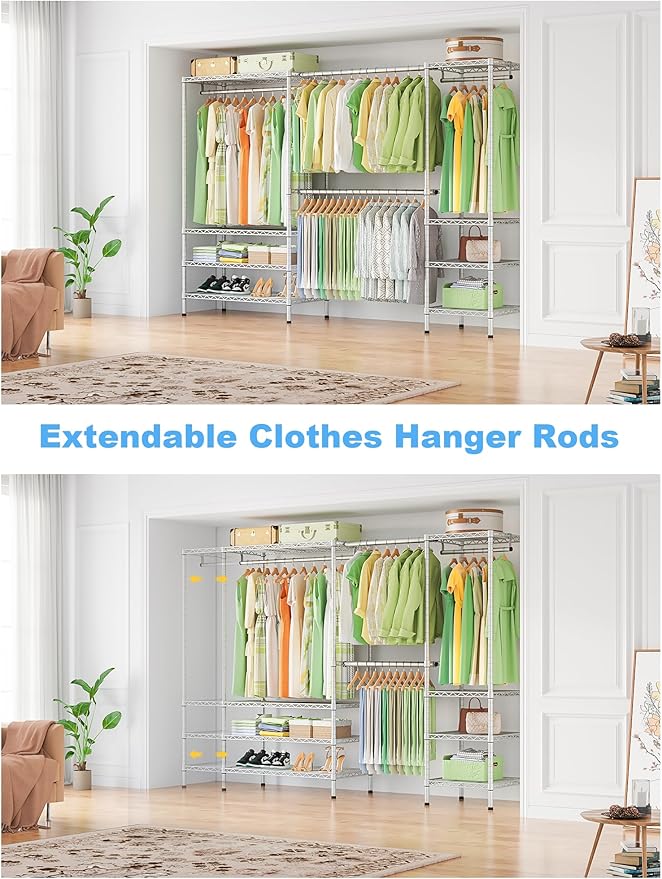 Ulif E11 Heavy-Duty Garment Rack, Metal Freestanding Clothes Rack and Closet Storage Organizer System with 8 Shelves and 4 Hanger Rods, (73.2-97.6)" W x 14.5" D x 71.2" H, Load 1034 LBS, Chrome