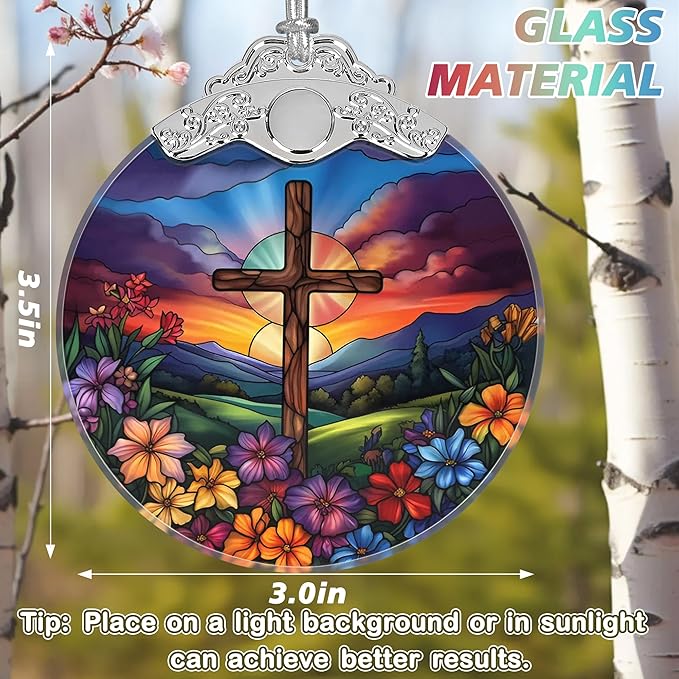 Cross Spring Flower Stained Glass Orament - Christmas Ornament - Christmas Decorations for Tree - Holiday Present ldeas - Gift Exchange