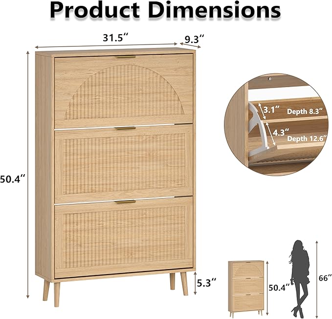 Shoe Cabinet for Entryway with 3 Flip Drawers, Slim Wooden Shoe Storage Organizer with Modern Fluted Pannel，Freestanding Narrow Hidden Shoe Rack for Hallway, Foyer, Living Room