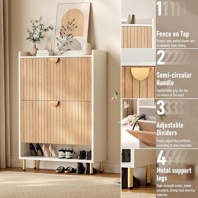46'' Tall Shoe Storage Cabinet with 2 Flip Drawers, 7-Tier Hidden Shoe Organizer, Narrow Shoe Rack Cabinet, Freestanding Organizer for Entryway/Hallway/Closet, Wood