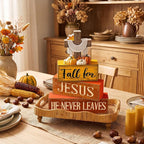 Lineshading 4 Pcs Fall Decoration for Home Rustic Fall Religious Wooden Stacked Sign Decor - Cross & Pumpkin Themed Table Decoration with Faith Quotes Thanksgiving Tiered Tray Decor for Office Church