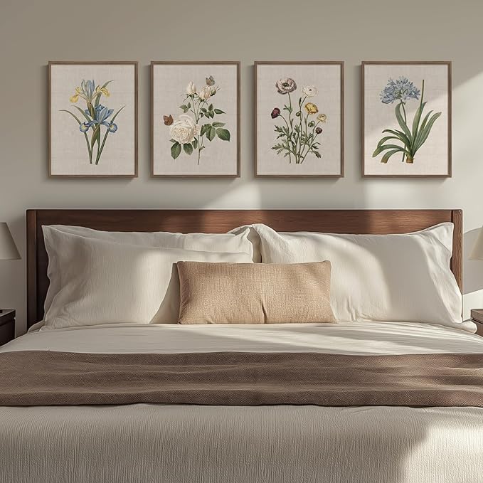 Framed Botanical Floral Wall Art, 4 Piece Vintage Flower Canvas Painting Prints for Bedroom, Rustic Floral Butterfly Pictures for Farmhouse Kitchen Living Room Dining Room Hallway Wall Decor, 11x14 In