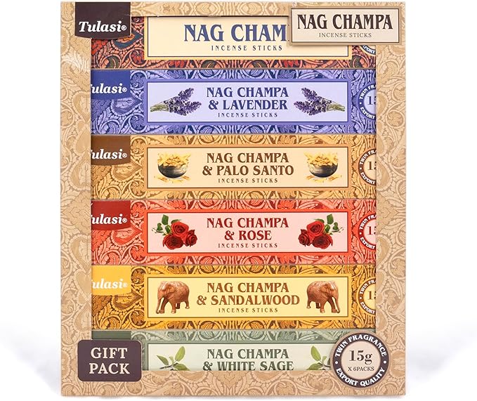 Tulasi Nag Champa Incense Sticks Gift Pack of 6, Hand Rolled Fragrance Incense Sticks for Aromatherapy, Relaxing, Yoga, Meditation, Prayer, Agarbatti Stick with Natural Oils, (15gm x 6)