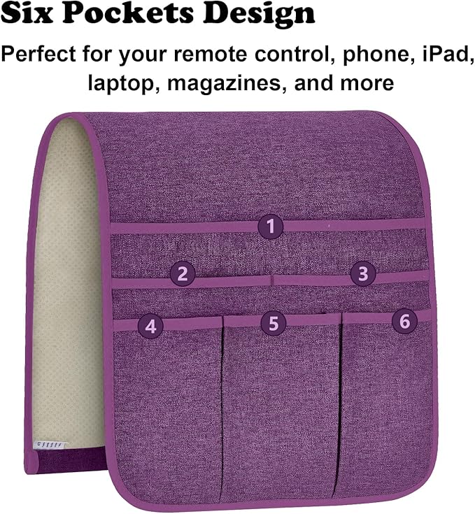 Teniux Remote Control Holder Armchair Caddy for Recliner Couch, Non-Slip Armrest Organizer with 5 Pockets for Magazine, Tablet, Phone, iPad (Purple)