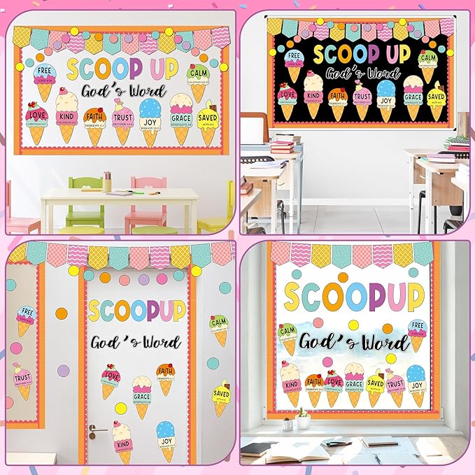 Summer Christian Bulletin Board Decorations Set Bible Verse Inspirational Jesus Classroom Decoration Summer Ice Cream Religious Paper Cutouts for Sunday School Church VBS Home Chalkboard Wall Decor