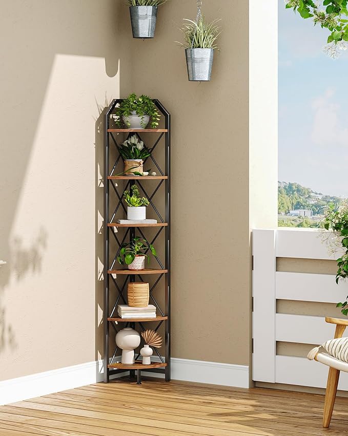 CHOEZON 6-Tier Corner Shelf, Industrial Corner Bookshelf, 71.2" Corner Storage Stand, Plant Stand Display Shelf, Corner Bookcase for Bedroom, Living Room, Home Office, Rustic Brown and Black TCJ11BF
