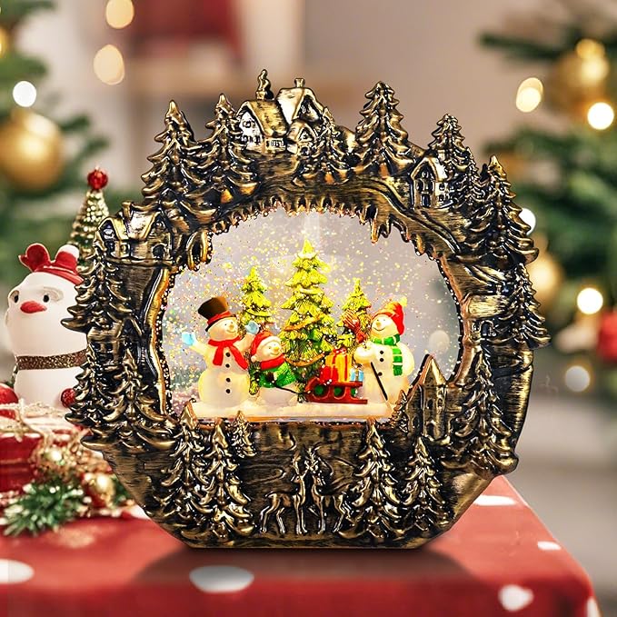 Christmas Snow Globe Lantern Water Glittering Lantern with Snowman 8 Music Songs & 6H Timer Christmas Snow Globes USB & Battery Operated for Christmas Festival Decorations Gifts (Bridge-Snowman)