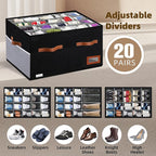Shoe Organizer for Closet, Foldable Shoe Storage Bins with Lid & Adjustable Dividers, Fabric Shoe Box Storage Containers with Four Reinforced Handles, Fits 20 Pairs, 1 Pack, Black