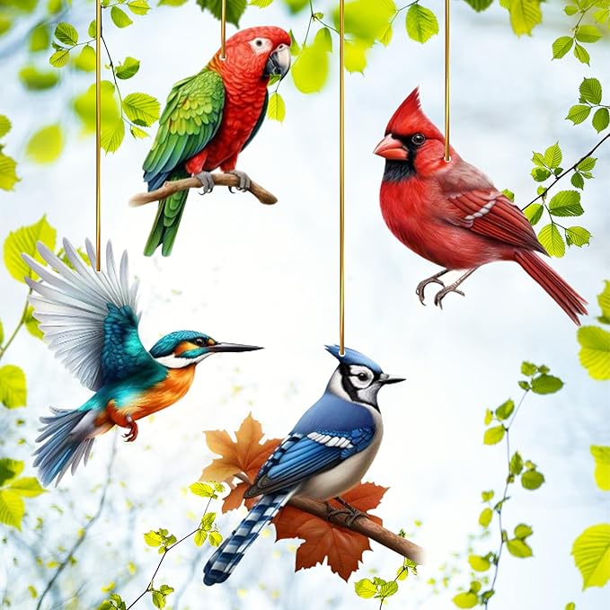 Color Bird Acrylic Hanging Ornament - 8Pcs Spring Colorful Cardinal Christmas Tree Ornaments, Flying Bird Ornament Ceiling Xmas Decoration Tote Car Interior Charms Gift for Men Women